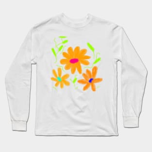 Orange green watercolor floral art Long Sleeve T-Shirt